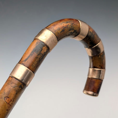 Vintage brown shaft, curved handle, nickel band embellishment, walking stick, 94cm