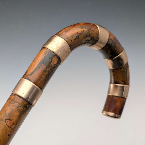 Vintage brown shaft, curved handle, nickel band embellishment, walking stick, 94cm