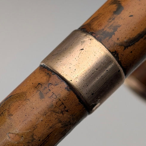 Vintage brown shaft, curved handle, nickel band embellishment, walking stick, 94cm