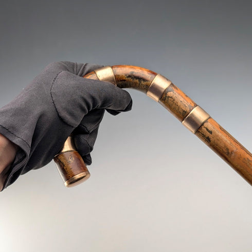 Vintage brown shaft, curved handle, nickel band embellishment, walking stick, 94cm