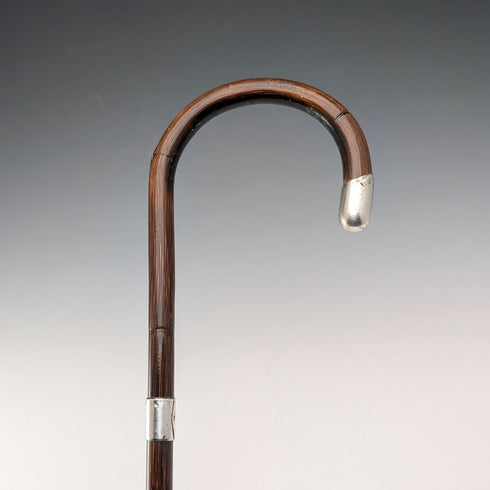 1919 British Antique Brown Shaft, Curved Handle, Pure Silver Decorated Lightweight Walking Stick, 91cm