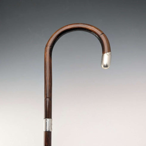 1919 British Antique Brown Shaft, Curved Handle, Pure Silver Decorated Lightweight Walking Stick, 91cm
