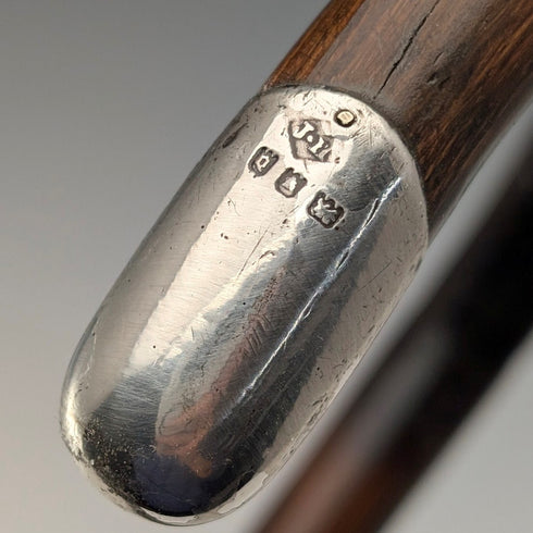 1919 British Antique Brown Shaft, Curved Handle, Pure Silver Decorated Lightweight Walking Stick, 91cm