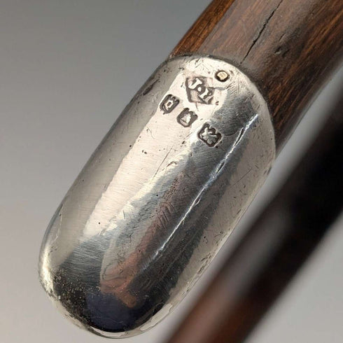 1919 British Antique Brown Shaft, Curved Handle, Pure Silver Decorated Lightweight Walking Stick, 91cm