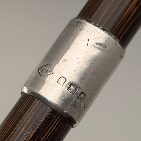 1919 British Antique Brown Shaft, Curved Handle, Pure Silver Decorated Lightweight Walking Stick, 91cm