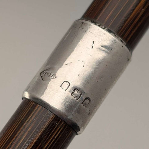 1919 British Antique Brown Shaft, Curved Handle, Pure Silver Decorated Lightweight Walking Stick, 91cm