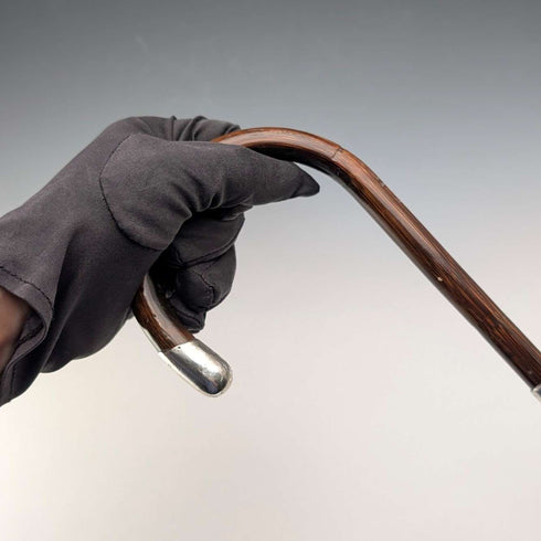 1919 British Antique Brown Shaft, Curved Handle, Pure Silver Decorated Lightweight Walking Stick, 91cm