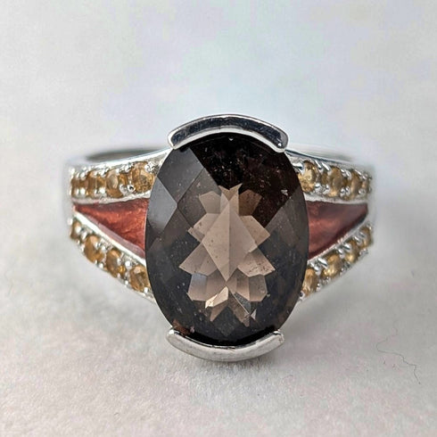 Vintage sterling silver smoky quartz and citrine enamel inlay ring (size 17)
