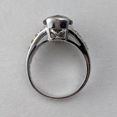 Vintage sterling silver smoky quartz and citrine enamel inlay ring (size 17)