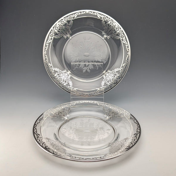 1930s American Vintage Silver Overlay Art Nouveau Decorative Glass Plate Pair, 21cm Diameter