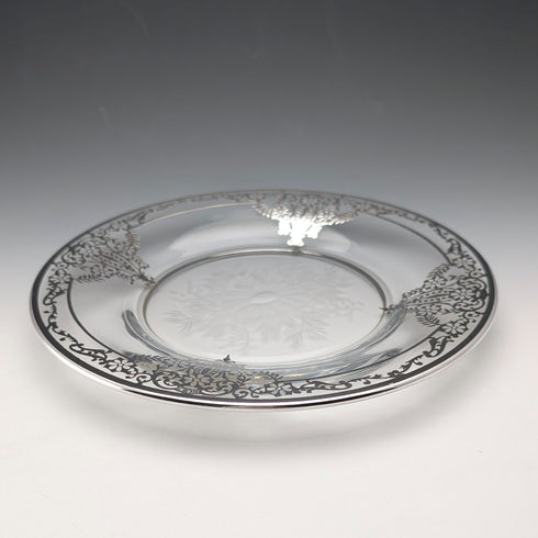 1930年代美國復古銀飾新藝術風格裝飾玻璃盤一對,直徑21厘米