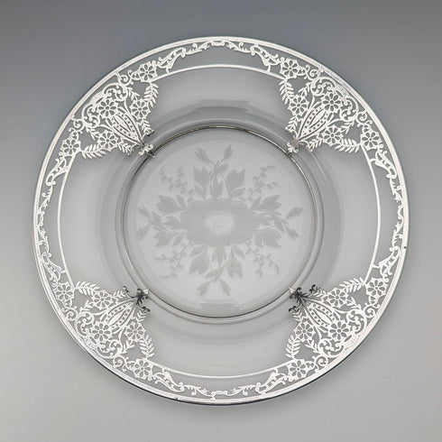 1930年代美國復古銀飾新藝術風格裝飾玻璃盤一對,直徑21厘米