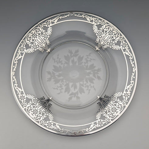 1930年代美國復古銀飾新藝術風格裝飾玻璃盤一對,直徑21厘米