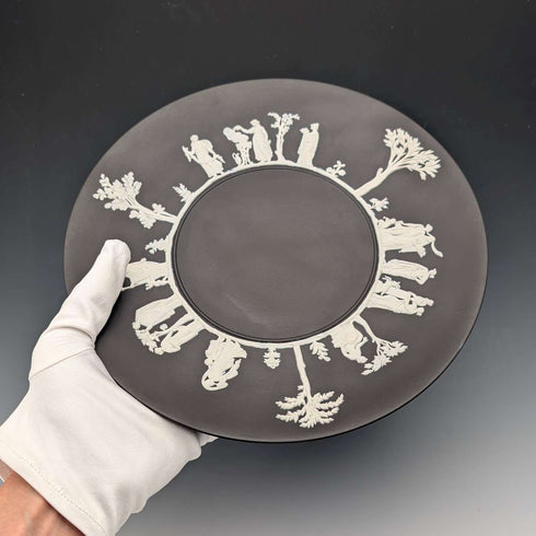 British Vintage Wedgwood Black Jasperware Plate, 23cm Diameter, Boxed