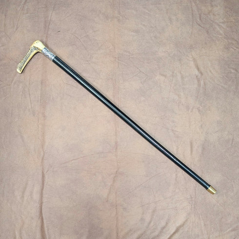 1911年 英国アンティーク ブラックシャフト 純銀装飾 アントラーL字ハンドル ステッキ 杖 77cm