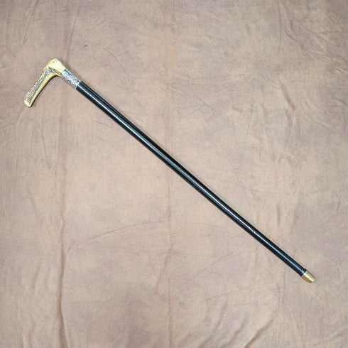 1911 British Antique Black Shaft Sterling Silver Antler L-Handle Walking Stick, 77cm