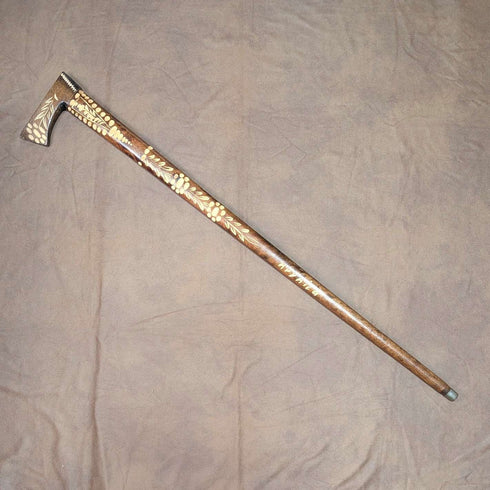 ヴィンテージ ブラウンシャフト 木彫装飾 斧型ハンドル ステッキ 杖 85cm