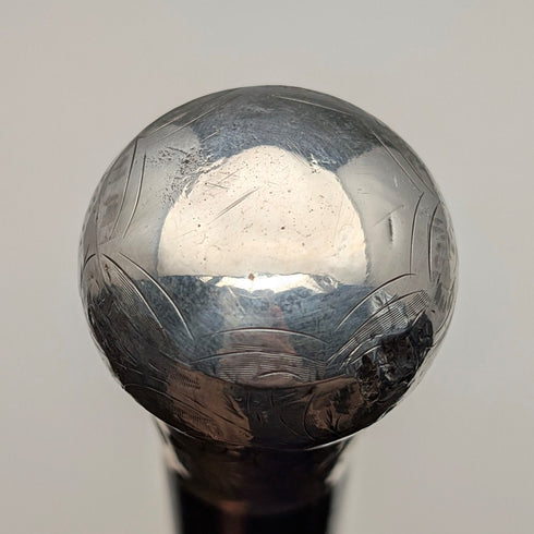 1919年英國古董黑柄純銀雕刻圓頭手柄手杖,88厘米