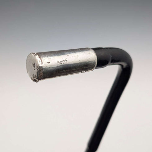 1899 British Antique Black Shaft L-Handle Sterling Silver Decorated Lightweight Walking Stick, 90cm