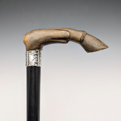 1899年 英国アンティーク 純銀装飾 L字ホーンハンドル ステッキ 杖 83cm