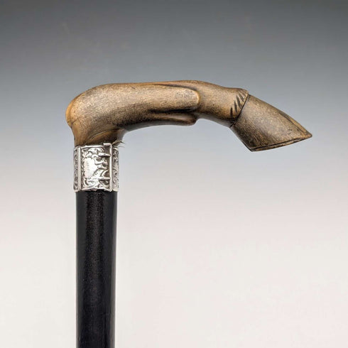 1899 British Antique Sterling Silver L-Handle Horn-Handled Walking Stick, 83cm