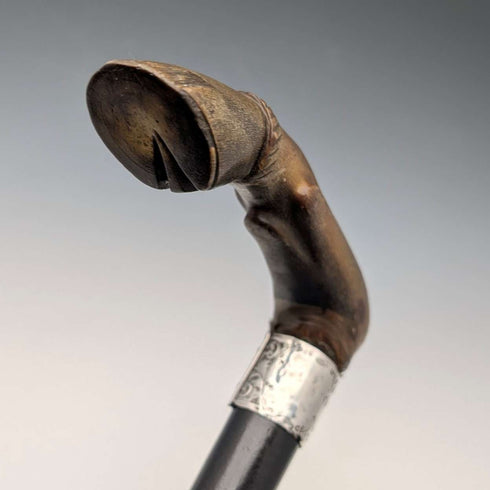 1899 British Antique Sterling Silver L-Handle Horn-Handled Walking Stick, 83cm