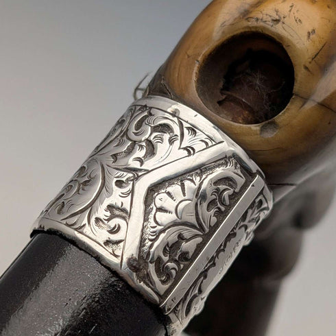 1899 British Antique Sterling Silver L-Handle Horn-Handled Walking Stick, 83cm