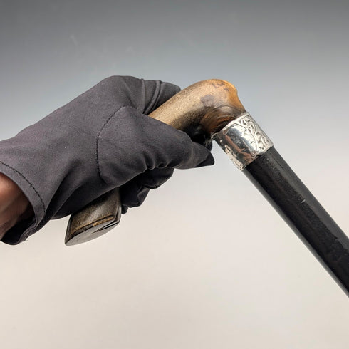 1899年 英国アンティーク 純銀装飾 L字ホーンハンドル ステッキ 杖 83cm