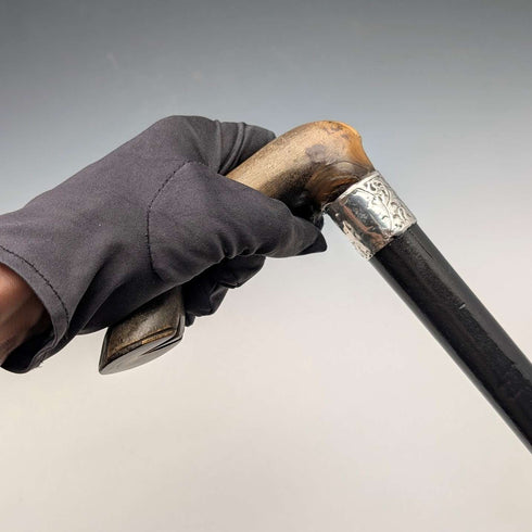 1899 British Antique Sterling Silver L-Handle Horn-Handled Walking Stick, 83cm
