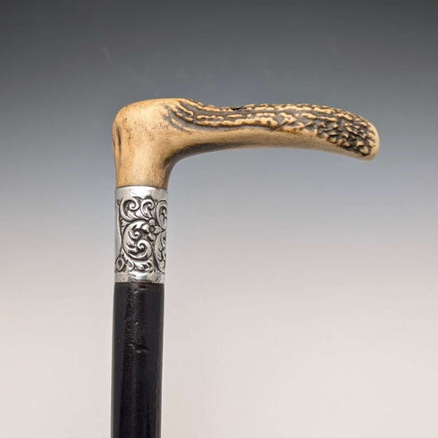 1911 British Antique Black Shaft Sterling Silver Antler L-Handle Walking Stick, 77cm