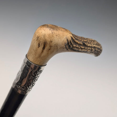 1911年 英国アンティーク ブラックシャフト 純銀装飾 アントラーL字ハンドル ステッキ 杖 77cm