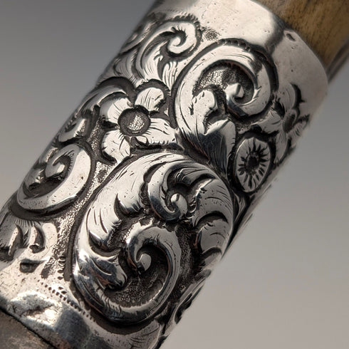 1911年 英国アンティーク ブラックシャフト 純銀装飾 アントラーL字ハンドル ステッキ 杖 77cm