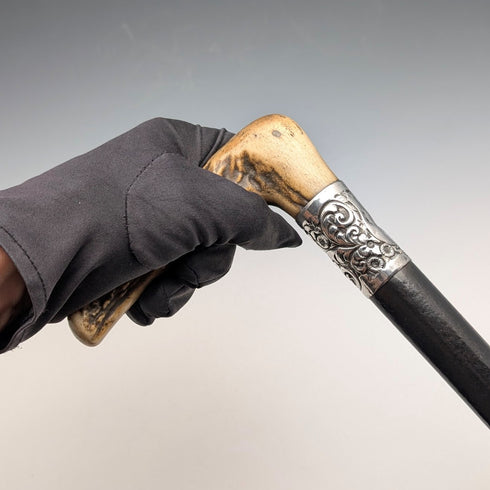 1911年 英国アンティーク ブラックシャフト 純銀装飾 アントラーL字ハンドル ステッキ 杖 77cm