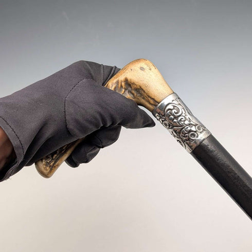 1911 British Antique Black Shaft Sterling Silver Antler L-Handle Walking Stick, 77cm