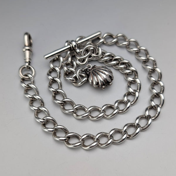 約1897年英國古董純銀阿爾伯特鏈,重46克,配珍珠母貝吊墜