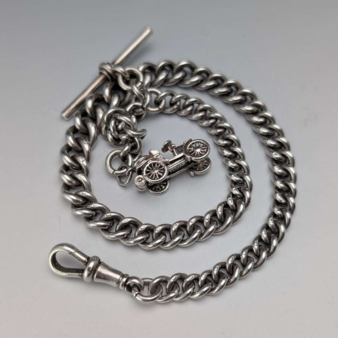 Circa 1915 British Antique Sterling Silver Albert Chain, 51g, Classic Car Charm Fob