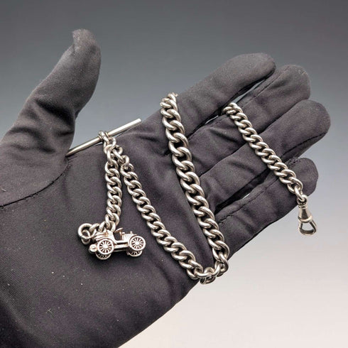 Circa 1915 British Antique Sterling Silver Albert Chain, 51g, Classic Car Charm Fob