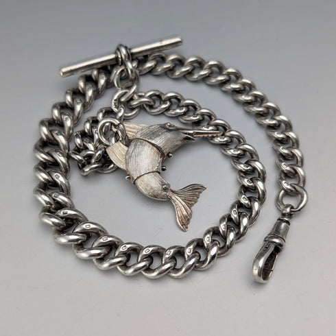 Circa 1917 British Antique Sterling Silver Albert Chain, 64g, Fish Charm Fob