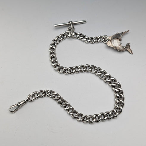 Circa 1917 British Antique Sterling Silver Albert Chain, 64g, Fish Charm Fob