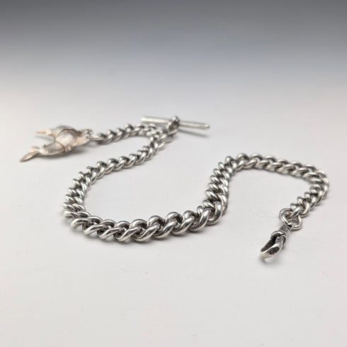 Circa 1917 British Antique Sterling Silver Albert Chain, 64g, Fish Charm Fob