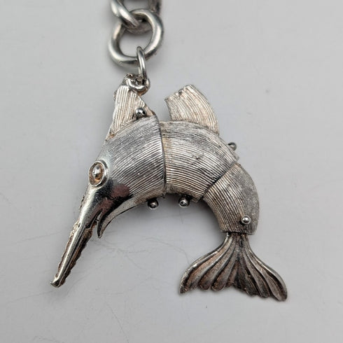 Circa 1917 British Antique Sterling Silver Albert Chain, 64g, Fish Charm Fob