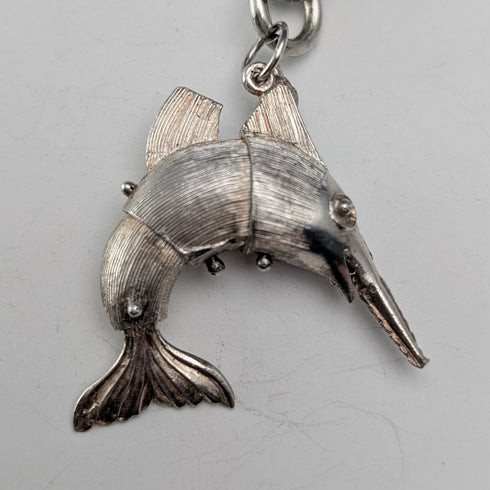 Circa 1917 British Antique Sterling Silver Albert Chain, 64g, Fish Charm Fob