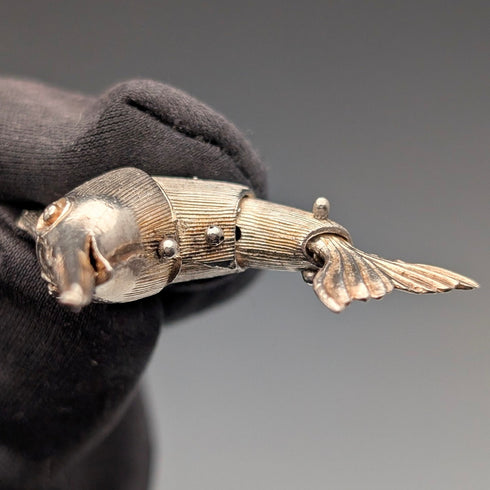 Circa 1917 British Antique Sterling Silver Albert Chain, 64g, Fish Charm Fob