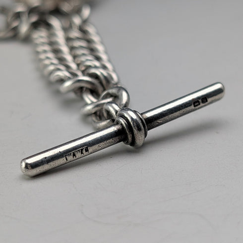 Circa 1917 British Antique Sterling Silver Albert Chain, 64g, Fish Charm Fob