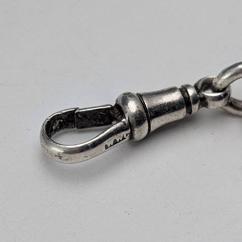 Circa 1917 British Antique Sterling Silver Albert Chain, 64g, Fish Charm Fob