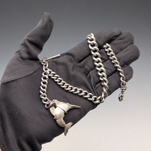 Circa 1917 British Antique Sterling Silver Albert Chain, 64g, Fish Charm Fob