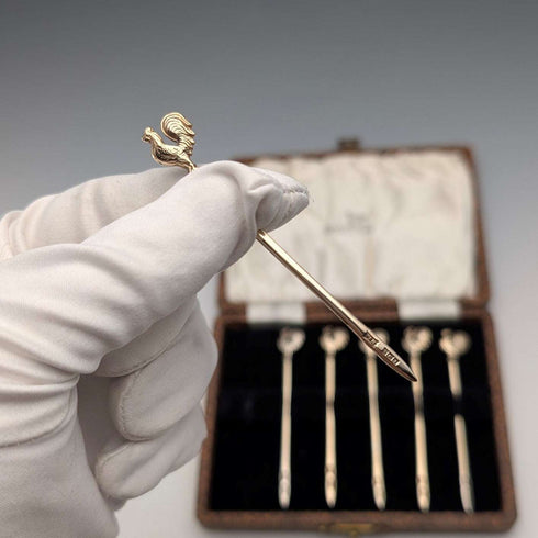 1958 British Vintage Sterling Silver Cocktail Sticks, Set of 6, 19g Total, Walker & Hall, Comes in a Case