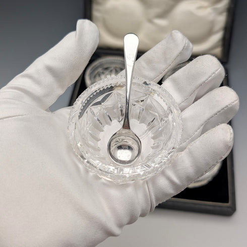 1929 British Antique Cut Glass Dish and Sterling Silver Spoon Set of 4, Joseph Rodgers & Sons, Case Included