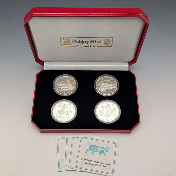英國曼島銀克朗硬幣,貓歷史系列:一套4枚,PobjoyMint出品,帶盒子和說明書