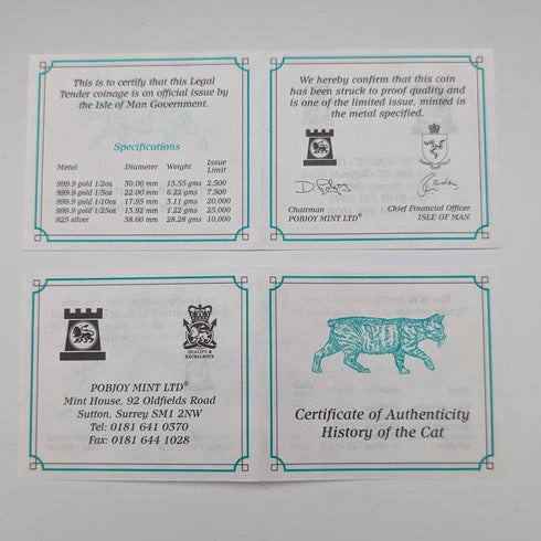 British Isle of Man Silver Crown Coins, Cat History Series: Set of 4, PobjoyMint, with Case and Instructions